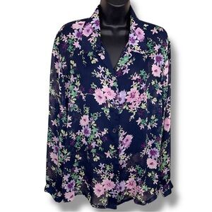 Vintage Large Haband Blue Purple Floral Semi Sheer Blouse Button Front 90s